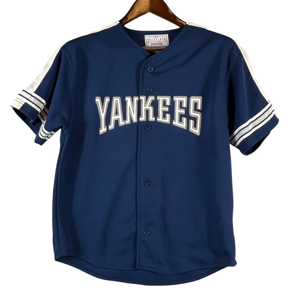 Vintage Starter New York Yankees L Baseball Jersey Blue White Derek Jeter Era